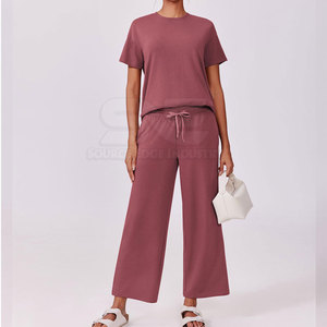 Comfortable Women <b>Summer</b> Tracksuit Casual Sports <b>Outfit</b> Solid 100% Cotton Breathable Eco-Friendly High Quality <b>2</b> <b>Piece</b> Long Set - Product Image 3