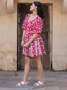 Indian Hand Block Cotton Dress Eco-Friendly Floral Printed Summer Party Wear for <b>Women</b> <b>Boho</b> Style Personalized Gift Natural - Product Image 4