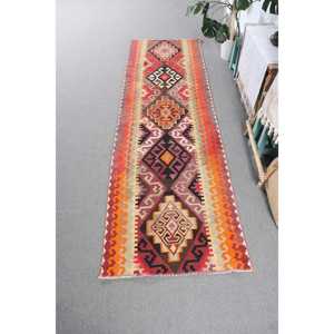 Vintage <b>Runner</b> Rug 3x9.6 ft (92x294 cm), Kilim <b>Red</b> Southwestern Turkish Rug - Product Image 1