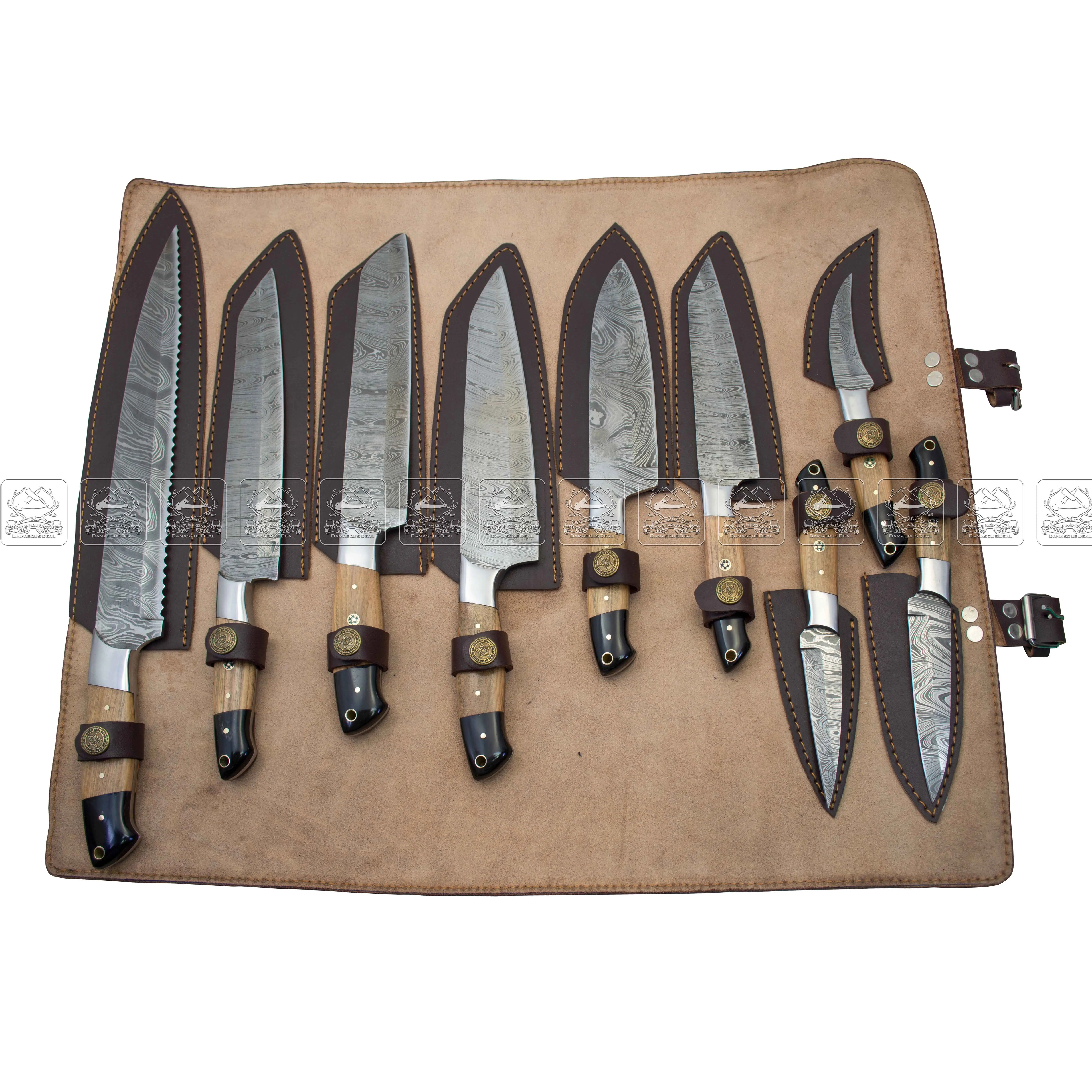Vendita calda in stile giapponese Set di coltelli da cucina in acciaio damasco DD-KKS-910 legno d'oliva professionale e manico in ebano set di coltelli da cucina