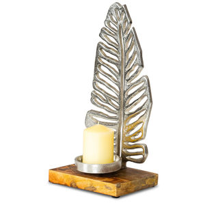 Handmade Silver Aluminium Tropical Leaf Candle <b>Holder</b> With Mango Wooden Base Modern Tabletop Home Decoration Candlestick Stand - Product Image 1