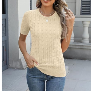 เสื้อสเวตเตอร์ถักแขนสั้นสีเบจสำหรับผู้หญิง สีพื้น สวมใส่สบายๆ ในฤดูใบไม้ผลิ คอกลม ทรงปกติ ผ้าฝ้าย - Product Image 2