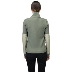 Veste hybride en tricot vert sauge écologique pour femmes, fermeture éclair intégrale, panneau avant matelassé, manches longues chaudes et extensibles, col double couche - Product Image 2