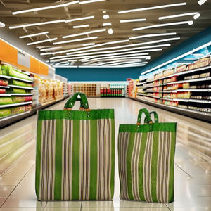 Bolsa de compras reutilizable ecológica de nailon con cremallera RPET, bolsas de belleza de nailon de plástico reciclado tejidas a mano con rayas. - Product Image 2