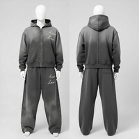Conjunto de Sudadera con Capucha y Pantalones Acampanados de Chándal para Hombre, Tallas Grandes, Ligero, Personalizado, con Cremallera, Remaches y Efecto Desgastado, Lavado Ácido, Estilo Urbano, Otoño