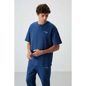 Air Jones Men's Oversize Fit Navy Blue Cotton Blend Soft Embroidered Tracksuit Set, Thick Double <b>Face</b> Interlock Fabric - Product Image 3