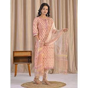 ชุดคุรตะผ้าฝ้ายพิมพ์ลายบล็อกสีครีมสำหรับใส่ทุกวัน แขนสามส่วน พร้อมกางเกง - Product Image 6