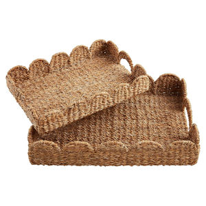 Bandeja de servicio de algas marinas naturales Bandeja tejida rectangular con borde festoneado y asas para mesa de comedor o exhibición decorativa - Product Image 5