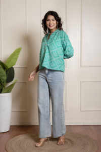 RANG MALHAR BANDHEJ bleu sarcelle 100% coton surdimensionné coupe ample haut Western pour femmes décontracté imprimé Style bouton imprimé débardeur - Product Image 3