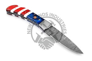 Customizable Folding Pocket <b>Knife</b> American Flag <b>Handle</b> Damascus Steel Back Lock Wood Camel <b>Bone</b> Steel Bolsters ODM Personalized - Product Image 3
