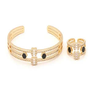 Womens open cuff Gold Bangle Bracelet And Ring studded with Cubic Zirconia Stones