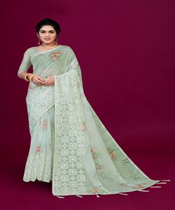 Vêtements de fête Designer Brodé Net Soie Fleur Conception Indienne Dames Porter Orange Couleur Saree Avec Chemisier Pièce Perle Travail Sari ApparelGarment - Product Image 6