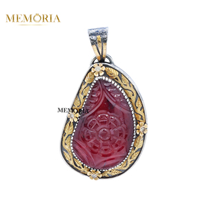 ทำด้วยมือ18K สีเหลืองทอง925เงินสเตอร์ลิงจี้เพชรทับทิมวินเทจแกะสลักดอกไม้ประดับได้รับการรับรองของขวัญเครื่องประดับที่ดี - Product Image 1