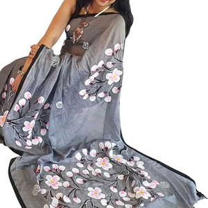 Saree de lino personalizado con diseño de rayas Acabado cómodo y blusa a juego para ropa de fiesta formal para mujer - Product Image 4
