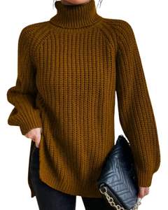 Custom Brown Turtleneck <b>Knit</b> Sweater For <b>Women</b> Winter Warm Soft Ribbed Pullover Long Sleeve Casual Loose Fit <b>Top</b> Fashion Wear - Product Image 1