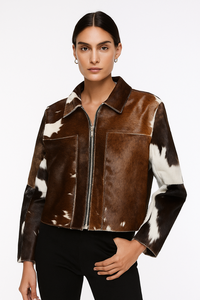 Chaqueta de mujer con estampado de piel de vaca de cuero genuino, ropa de invierno, chaqueta de cuero estilo motorista para mujer, abrigos con bolsillos naturales - Product Image 2