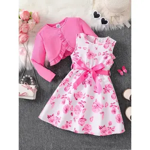 Conjunto de Ropa Casual de 2 Piezas para Niñas, Color Rosa Floral, Abrigo y Vestido - Product Image 1