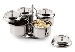 Stainless Steel Eco-Friendly <b>Mirror</b> Polish Masala Box Set 4 Containers and Stand Spice & Condiment Storage Pickle Pot - Product Image 3