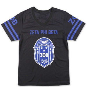 ZPB Football Jersey Tee Black 100% Polyester Zeta Phi Beta T-Shirt <b>with</b> Team Logo Print on <b>Sleeve</b> Front Back - Product Image 1