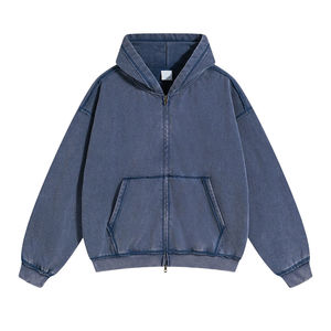 Sweat à capuche zippé décontracté polaire hiver vêtements de tous les jours Vintage Double couche lavage à l'acide soleil délavé poches dégradées 100% coton régulier - Product Image 5