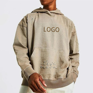OEM Distressed Patch Broderie Logo Pull à capuche 100% coton Heavyweight Streetwear Distressed Broderie Hommes Sweat à capuche - Product Image 1