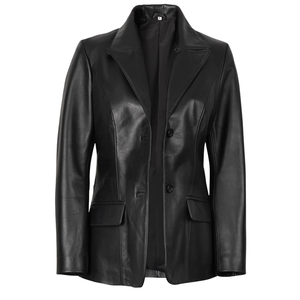 Blazer en cuir véritable noir pour femmes, veste à deux boutons, manteau en cuir tendance - Product Image 5