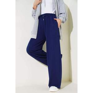 Pantalon évasé à jambes larges bleu marine Loysha pour femmes fermeture à taille élastique décontractée avec rayures respirant et froissé - Product Image 1