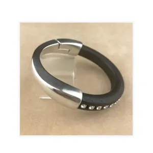 Black Leather Crystal Chain Unisex Arena Bracelet With Single Antique Silver Magnetic Clasp Available In Best Price