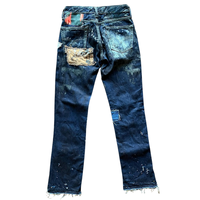 Fabricants de jeans sur mesure, jeans évasés empilés pour hommes, avec effet usé et patchs