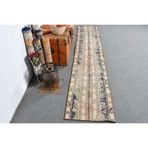 Alfombra Vintage, Alfombra Turca de 1.9x10.2 pies, Alfombra de Lana con Estampado Animal Azul - Product Image 1