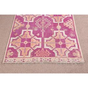 4x7.2 ft Rug, Turkish Vintage Rug, Pink <b>Yellow</b> Check <b>Wool</b> Rug - Product Image 5