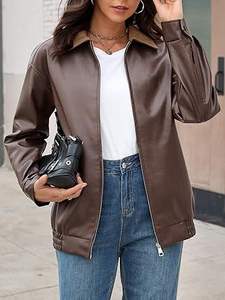 Chaqueta de moto de gran tamaño de moda de otoño e invierno para mujer, abrigo de bombardero informal con cremallera de piel sintética, forro frontal transpirable de PU/viscosa - Product Image 5