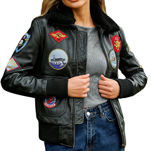 Mode à la mode femmes véritable peau de mouton respirant Bomber veste patchs brodés tricoté en cuir Moto veste en gros - Product Image 5