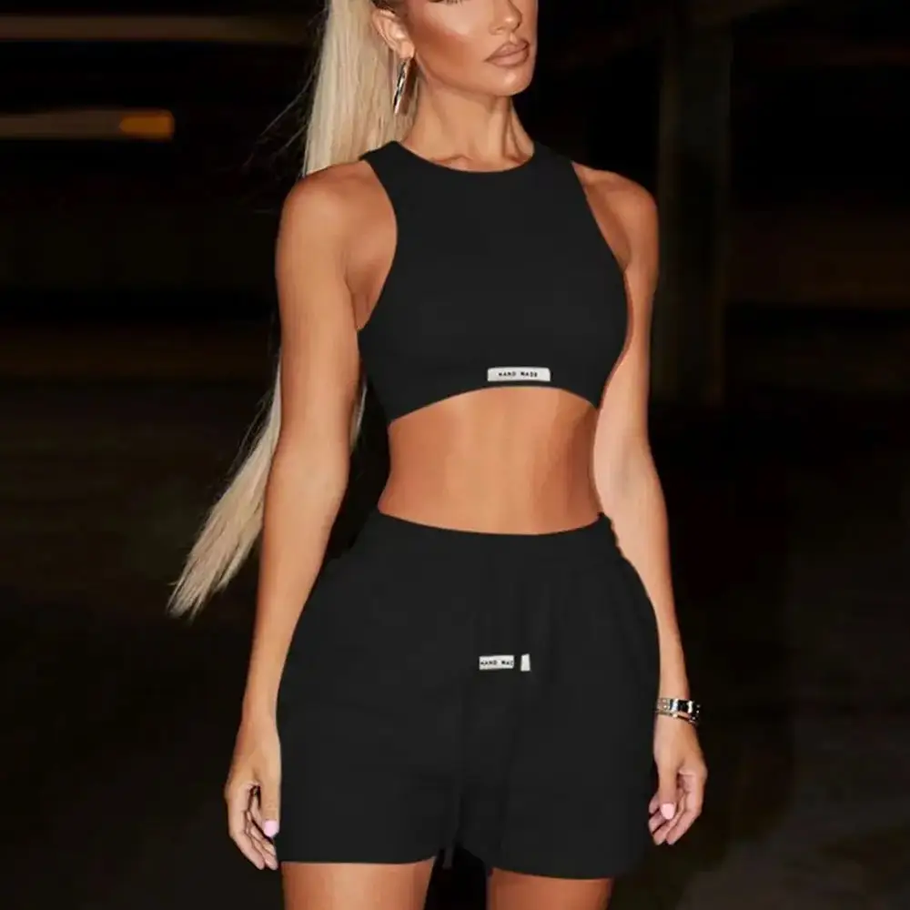 Brand Sporty Two Piece Set Girl Custom Crop Tops Drawstring Sweatpants Slim Activewear Casual Gym Workout Fitness Women Outfits