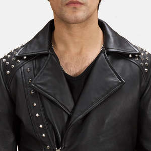 Black Studded Genuine Sheepskin and Cowhide Leather <b>Biker</b> <b>Jacket</b> Reversible Design XS to XL Sizes Autumn Season ODM Coated - Product Image 5