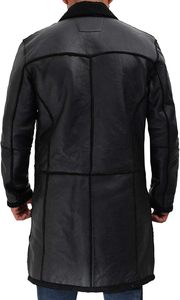 เสื้อเทรนช์โค้ทผู้ชายสีดำปกตั้งแจ็คเก็ตหนังยาวขนแกะแท้100% วัสดุผ้าใบ - Product Image 3