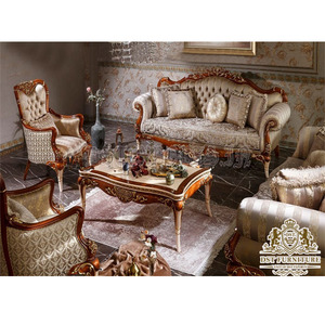 Ensemble de canapés de salon de luxe rembourrés en noyer poli Ensemble de canapés antiques sculptés à la main Meubles de salon de style européen - Product Image 1