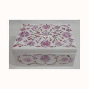 Rectangle Forme Blanc Marbre Rose Nacre Incrustation Boîte À Bijoux Conception De Fleurs À La Main Utilisé Pour L'emballage Et Le Stockage De Bijoux - Product Image 2