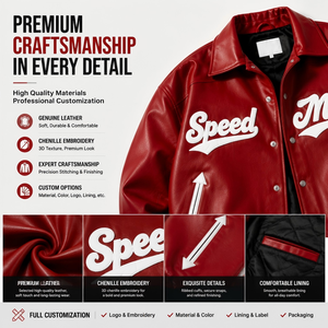 Giacca <span class=keywords><strong>in</strong></span> <span class=keywords><strong>Pelle</strong></span> Personalizzata all'Ingrosso per Uomo, Giacca Varsity Rossa <span class=keywords><strong>Oversize</strong></span> con Colletto a Risvolto, Ricamo con Scritta, Streetwear Bomber, Servizio OEM - Product Image 3