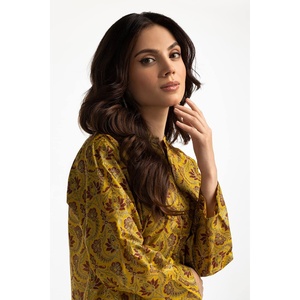 Camisa de Rayón con Estampado Floral Dorado IUSTK-280, Silueta Recta con Elegante Diseño de Césped - Product Image 2