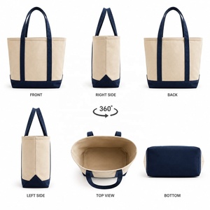 Elegante Bolso Tote de Lona con Asas Beige y Azul Marino, Diseño Abierto, Color Sólido, para Playa y Uso Diario - Product Image 2