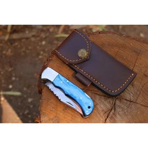 Jexmoo, cuchillo de bolsillo de acero de Damasco hecho a mano OEM personalizado con mango de madera y funda de cuero para regalo de aniversario - Product Image 5