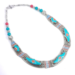 Collier pendentif classique en argent tibétain avec pierre précieuse turquoise sertie en clos pour fiançailles, mariage, anniversaire et fête - Product Image 4