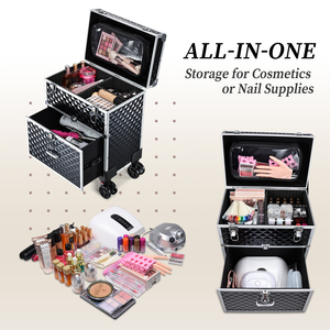 Valise de maquillage à roulettes avec tiroir et sac amovible, grande boîte de rangement pour cosmétiques, idéale pour les techniciennes en manucure et les coiffeuses - Product Image 2