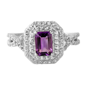 Anillo solitario de amatista con patrón geométrico chapado en rodio y oro de 14 quilates vintage con piedra de circón para bodas - Product Image 1