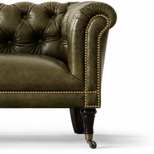 Canapé Chesterfield vert olive |   Cuir véritable |   Design moderne du milieu du siècle |   Canapé gonflable deux places |   Villa vintage artisanale - Product Image 2