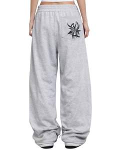 Custom Grey Tribal Print Wide Leg Sweatpants Women Oversized Streetwear Loose Fit Fleece Jogger Pants Custom OEM Manufacturer - Product Image 2