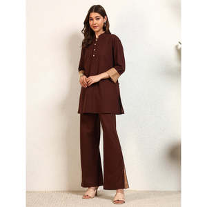 DEEBACO Conjunto de dos piezas para mujer, kurta informal de algodón liso marrón con pantalón con abertura hasta el tobillo y mangas largas - Product Image 3