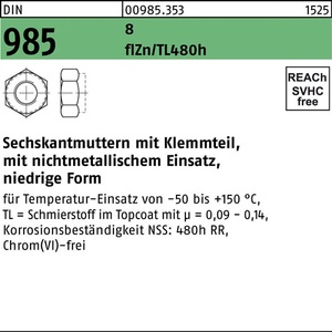 Tuerca hexagonal DIN 985 M6-8 con revestimiento de zinc, compuesto deslizante, resistencia a la corrosión 480h, 1000 piezas - Product Image 1