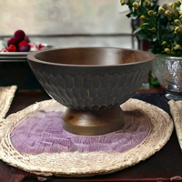 Bol de service à salade indien écologique noir antique de luxe Texture unique sculptée à la main pour table de cuisine de ferme